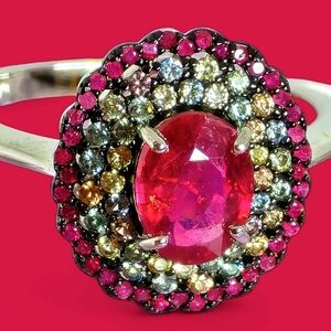 925 Sterling Silver Ring Sz 7.75 with Natural Oval Ruby 6×8mm & Myanmar Sapphire